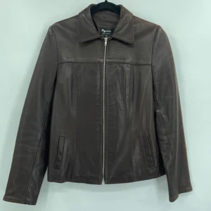 Politix Brown Collared Open Bottom Long Sleeve Zip Up Leather Jacket Size 4 - Picture 1 of 10