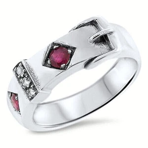 GENUINE RUBY & WHITE TOPAZ 925 STERLING SILVER VICTORIAN STYLE BUCKLE RING #831 - Picture 1 of 2