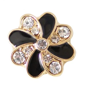 20MM Elegant Gold Flower w/Black Enamel & Rhinestones Snap - Picture 1 of 2