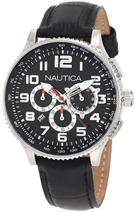 Nautica N22596M Midsize Chronograph Watch Round Dial Black Leather Strap OCN 38 - Picture 1 of 2