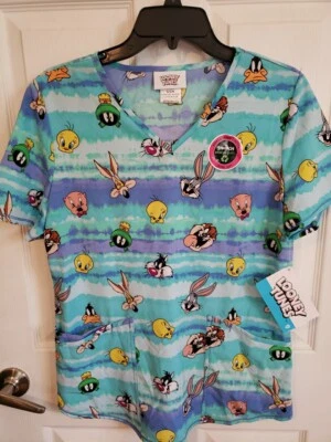 Scrubstar Women's Looney Tunes "Tie Dye Toons" V-Neck Print Scrub Top SMALL - Image 1 of 2