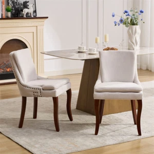 Modern Chenille Double-layer Upholstered Dining Chair w/Solid Wood Legs Set of 2 - Picture 1 of 23