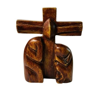 Hand Carved Wooden Cross Jesus Mary Joseph Abstract Religious Art Signed 9" - Picture 1 of 6