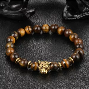Brazalete Amarillo Ojo de Tigre Cabeza Dorada Leopardo Cuentas Yogo Elastizado Joyería - Imagen 1 de 7