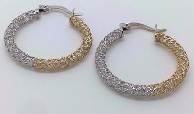 14K GOLD TWO TONE YELLOW AND WHITE INSIDE CRYSTALS HOOP EARRINGS - Image 1 of 4