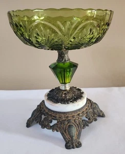 Große Vintage Sockel Kompott Schale Smaragdgrün Glas Metall Marmorsockel MCM. - Bild 1 von 8