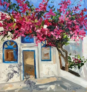 Pintura al óleo original Santorini Grecia arte paisaje urbano flores Impasto firmado - Imagen 1 de 7
