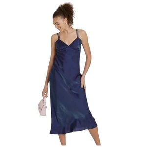 Abito donna XXL Wild Fable blu metallizzato raso slip midi collo cappuccio nuovo con etichetta - Foto 1 di 2