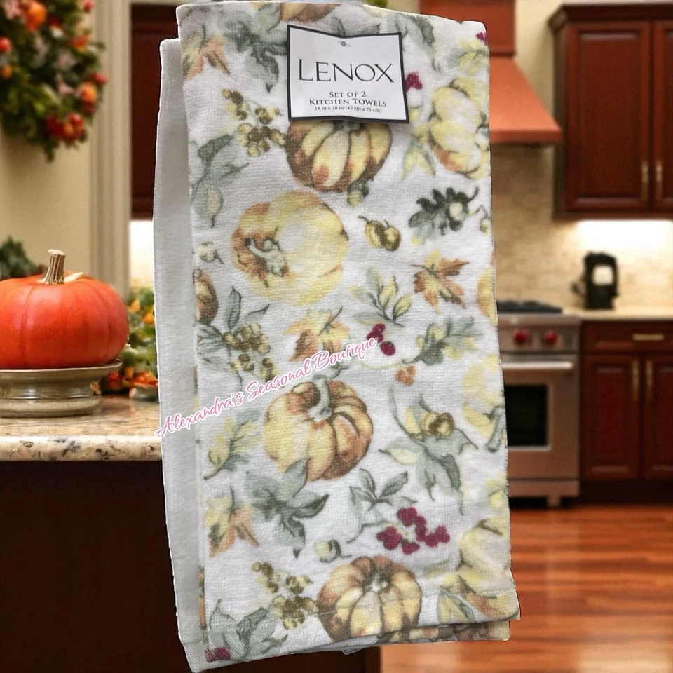 2 LENOX Pumpkin Meadow Kitchen Towels Thanksgiving Pumpkins Country Cottage Fall - Image 1 of 4
