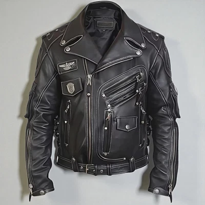 Men’s Black Leather Motorcycle Jacket with Patches and Zipper Biker Style - Image 1 of 4