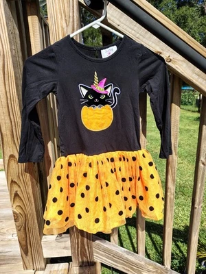 Girl's Size 6 Black And Orange Halloween Cat Witches Hat Long Sleeve Tutu Dress - Image 1 of 4