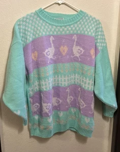 Vintage 80er Gänse Pullover Pastell Herzen Schleifen Cottagecore Pulli Acryl *lesen* - Bild 1 von 20