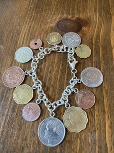 Vintage Sterling Silver Charm Bracelet Coins of the World 925 Rare - Picture 1 of 8