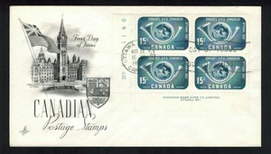 Canada #372, 1957 15¢ UPU lower left plate #1 block, Artcraft cachet FDC, VF - Foto 1 di 1