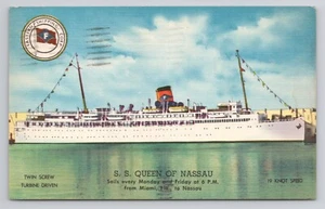 SS Queen of Nassau from Miami Florida to Nassau 1956 Postcard - Picture 1 of 2