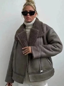 ZARA NEW WOMEN FAUX LEATHER SHEARLING DOUBLE-FACED BIKER JACKET GRAY 3548/243 L - Picture 1 of 7