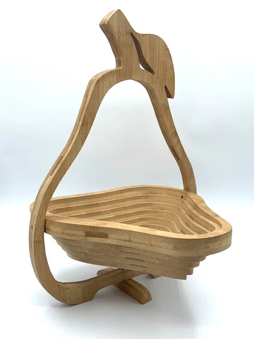 Wooden Pear Shaped Collapsible Basket Trivet Carved Fruit Bowl Spiral Cut Decor Cover