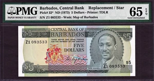 Barbados 5 Dollars 1973 REPLACEMENT / STAR (Z1) Pick-32* GEM UNC PMG 65 EPQ - Picture 1 of 2