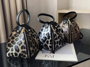 Leopard Triangle Leather Clutch Purse Zippered Pyramid - Picture 1 of 13