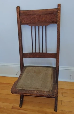 Antique Wood Fabric Seat Folding Chair Engraved Oak Cover