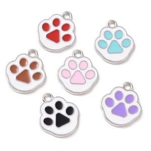10 Mixed Cute Dog Paw Shaped Silver Tone Charm Pendants with Enamel Detail - Picture 1 of 2