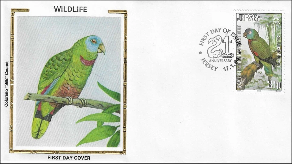 Parrot St. Lucia Green Parrot Amazona Bird Jersey Colorano Silk FDC 1984 - Image 1 of 1