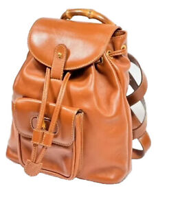 Gucci Vintage Backpack Drawstring Bag Bamboo purse leather Brawn #267