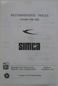 Simca Original UK Price List 1965 October 1000 1300 1500 - Picture 1 of 1