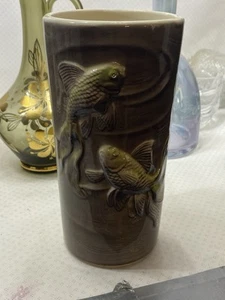 Vintage ROYAL COPLEY Art Pottery KOI FISH Swimming Round Brown-Grey Vase Swirls - Picture 1 of 11