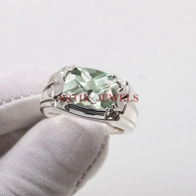 Natural Green Amethyst Gemstone with 925 Sterling Silver Ring for Men's #5090 - Image 1 of 4