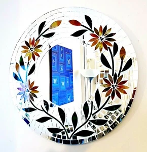 Round yellow & green floral design mosaic wall mirror 40cm-hand made in Bali-NEW - Picture 1 of 7