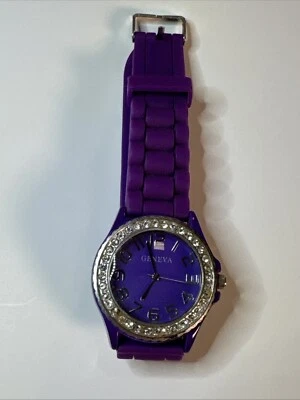 Geneva Ladies Watch Purple Tone Gemmed Case Purple Silicone Strap Need Battery - Image 1 of 4