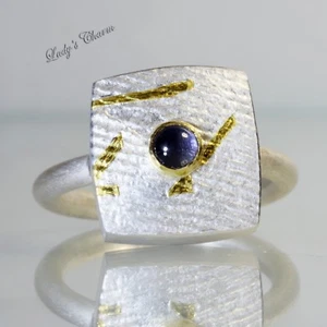 Ptauag Designer Iolite Handmade Sterling Silver 18K Gold Ring Size 8 - Picture 1 of 5
