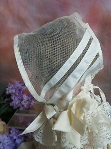 ANTIQUE Victorian BABY DOLL BONNET hat cotton NET TULLE back laces fit 13-15"cir