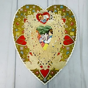 Antique Whitney Made Valentines Day Card Signed Heart Shaped Die Cut Paper Lace - Picture 1 of 7