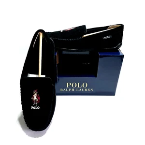 Polo Ralph Lauren Herren Winter Bear Schwarz Wildleder Mokassin Slipper Gefüttert Neu - Bild 1 von 15