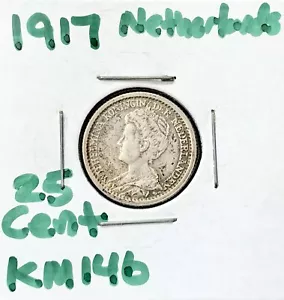 Netherlands 1917 25 Cents KEY DATE Silver World Coin WILHELMINA - Picture 1 of 2