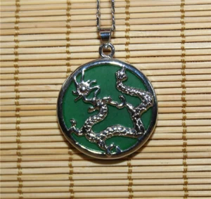 Chinese Tibetan silver Inlaid Jade carved * Dragon * pendant Necklaces 22548 - Imagen 1 de 5