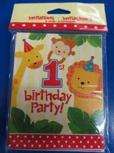 Zoo Jungle Safari Animals Cute Kids 1st Birthday Party Invitations w/Envelopes - Picture 1 of 1