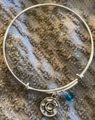 Silver Tone Initial "C” Charm and Blue Rhinestone Bangle 6” Bracelet - New  - Image 1 of 3