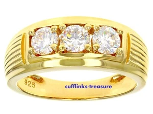 White Moissanite Gemstones Gold Plated 925 sterling Silver Band Men's Ring #860 - Picture 1 of 5