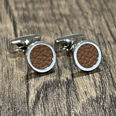 Round Brown Leather Cufflinks For Men Birthday Wedding Gift Cufflinks In Box - Image 1 of 4