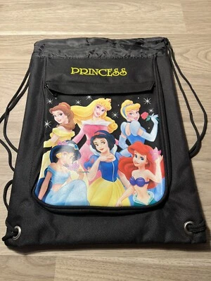 Mochila con cordón para princesas Disney Bolso de mano negro Bolsillo con cremallera Foto 1 de 3