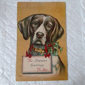 CARTOLINA D'EPOCA LE STAGIONI AUGURI A TE-CANE CON INSEGNA - Foto 1 di 3