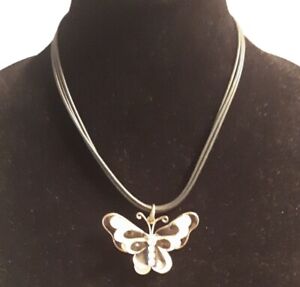 Cloisonné and Crystal Butterfly Pendant on 3 Stranded Leather Necklace Choker