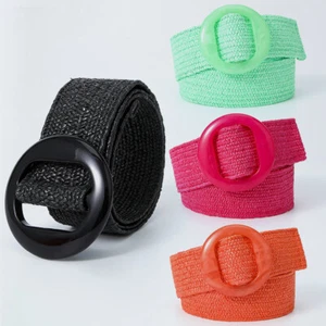 Round Wooden Buckle Elastic Straw Belt Women Braided Wide Woven Waistband Belt D - Picture 1 of 18