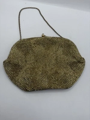 Vintage Beaded Handbag/ Kiss Lock Handle Satin Lined /gold/ Made In Japan - Image 1 of 4