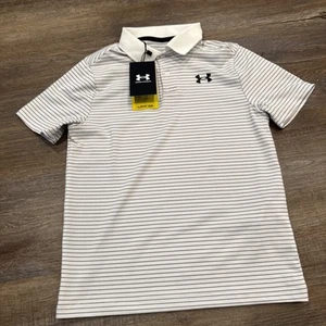 Under Armour The Performance Polo Shirt Boys YSM Blue/White Striped Shirt- NWT - Picture 1 of 11