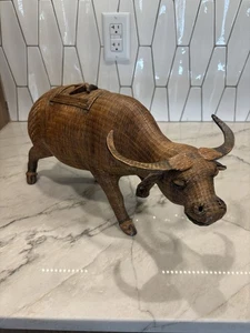 Vintage chinesischer Shanghai Handarbeit geflochtener Ratan Wasserbüffel Korb Box Deckel - Bild 1 von 11