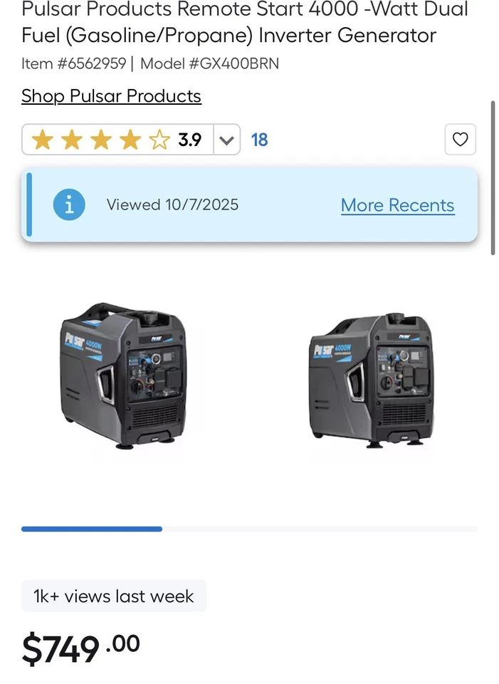 Pulsar Dual Fuel Gas Propane 4000 Watt Inverter Generator with CO Alert RV Ready - Image 1 of 1